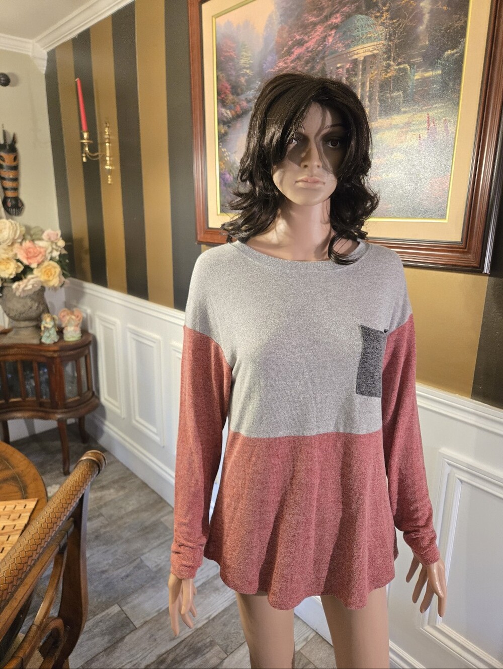 Leo Rosi Two-Tone Long Sleeve Top in Grey and Dusty Rose